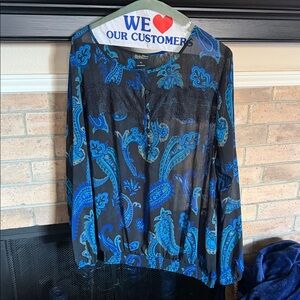 LUCKY BRAND Black and Blue Paisley Sheer Blouse